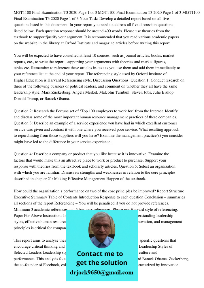 MGT1100 Final Examination T3 2020 Page 1 of 3 Your Task: Develop a detailed report based on all five questions listed in this document. In your report you need 