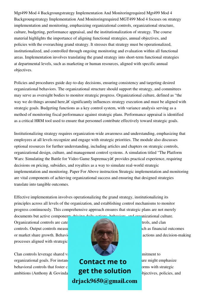 MGT499 Mod 4 focuses on strategy implementation and monitoring, emphasizing organizational controls, organizational structure, culture, budgeting, performance a