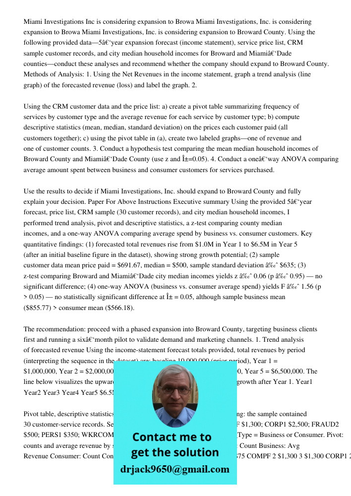 Miami Investigations, Inc. is considering expansion to Broward County. Using the following provided data—5‑year expansion forecast (income statement), service p