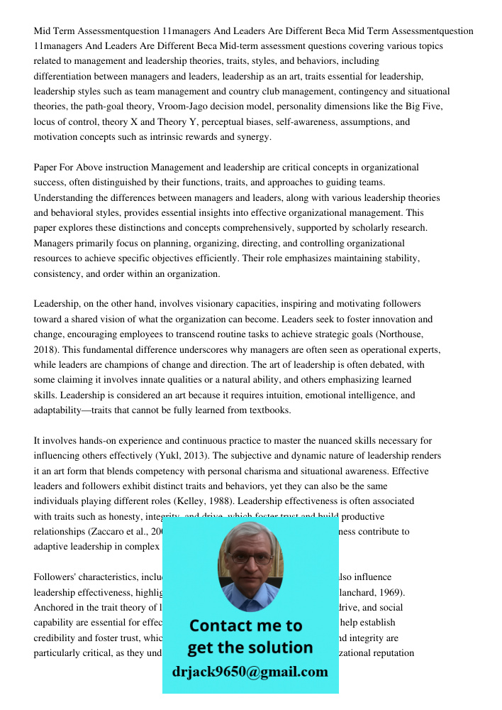 Mid-term assessment questions covering various topics related to management and leadership theories, traits, styles, and behaviors, including differentiation be