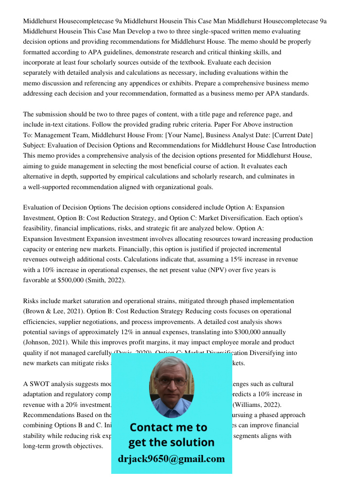 Develop a two to three single-spaced written memo evaluating decision options and providing recommendations for Middlehurst House. The memo should be properly f