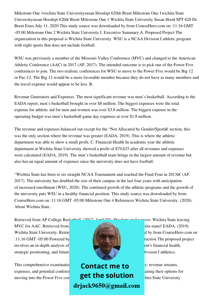 Milestone One 1 Wichita State University Susan Hood SPT 620 Dr. Brent Estes July 11, 2020 This study source was downloaded by from CourseHero.com on :11:16 GMT 