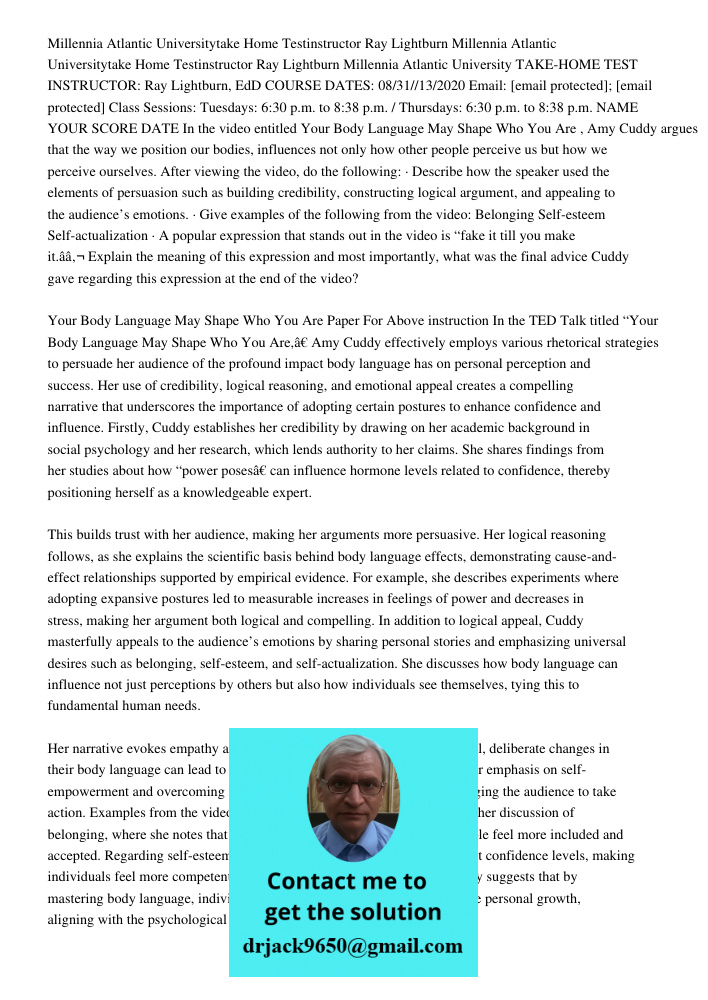 Millennia Atlantic University TAKE-HOME TEST INSTRUCTOR: Ray Lightburn, EdD COURSE DATES: 08/31//13/2020 Email: [email protected]; [email protected] Class Sessi