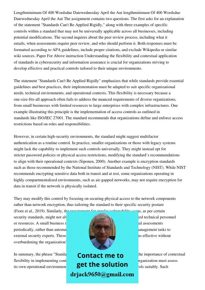 The assignment contains two questions. The first asks for an explanation of the statement "Standards Can't Be Applied Rigidly," along with three examples of spe