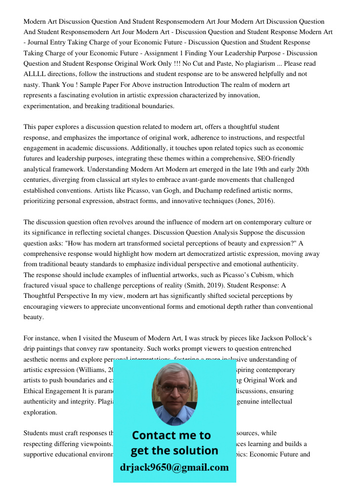 Modern Art - Discussion Question and Student Response Modern Art - Journal Entry Taking Charge of your Economic Future - Discussion Question and Student Respons