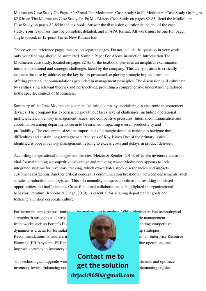 ModMeters Case Study on pages 82-85. Read the ModMeters Case Study on pages 82-85 in the textbook. Answer the discussion question at the end of the case study. 