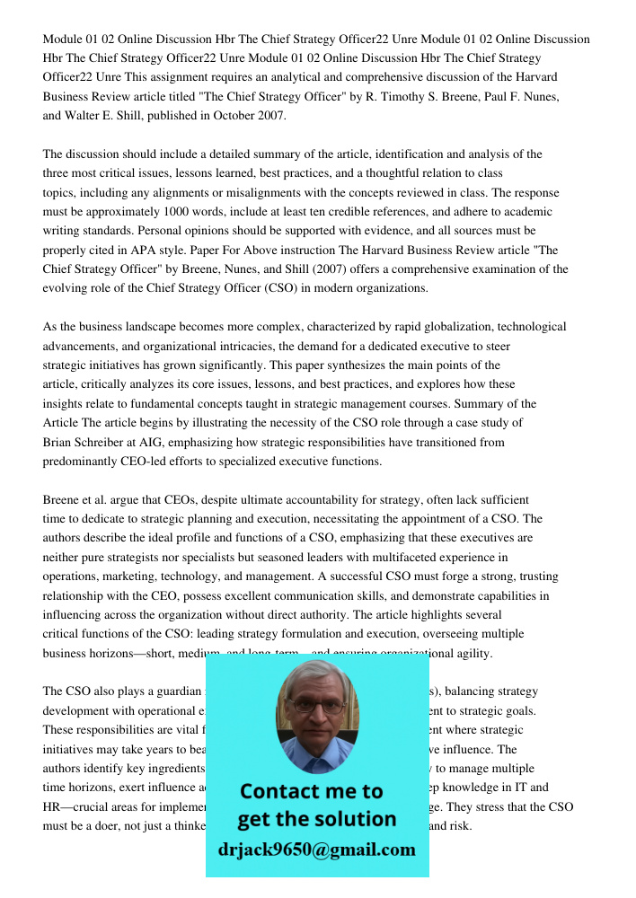 Module 01 02 Online Discussion Hbr The Chief Strategy Officer22 Unre This assignment requires an analytical and comprehensive discussion of the Harvard Business