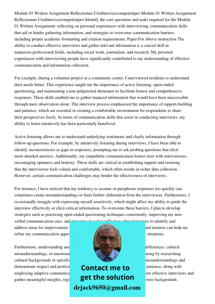 Identify the core questions and tasks required for the Module 01 Written Assignment: reflecting on personal experiences with interviewing, communication skills 