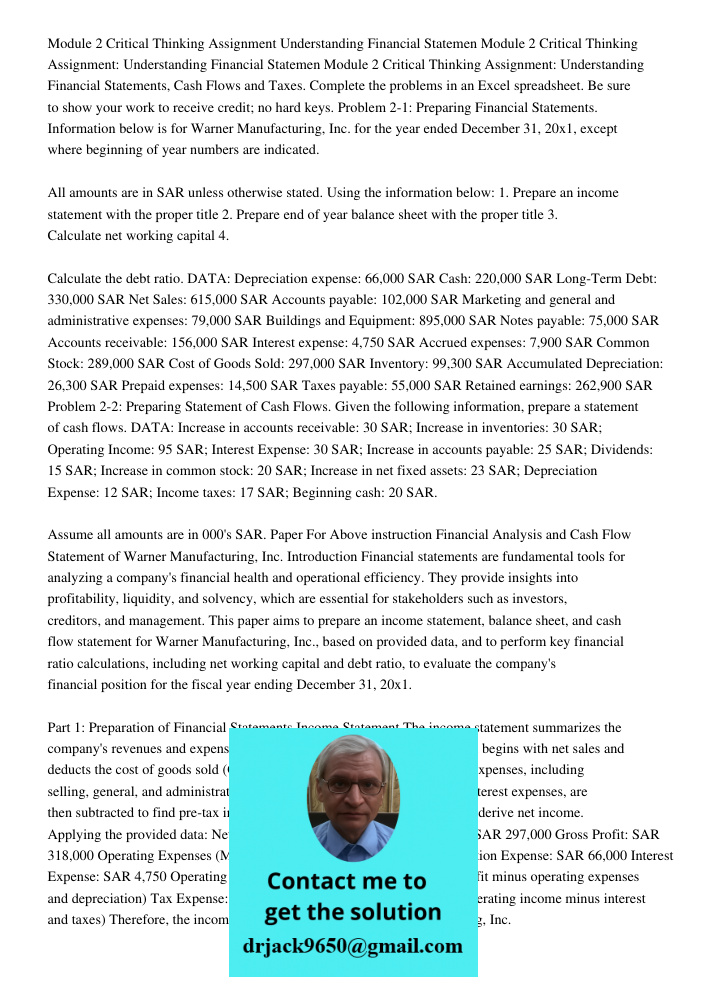 Module 2 Critical Thinking Assignment: Understanding Financial Statements, Cash Flows and Taxes. Complete the problems in an Excel spreadsheet. Be sure to show 