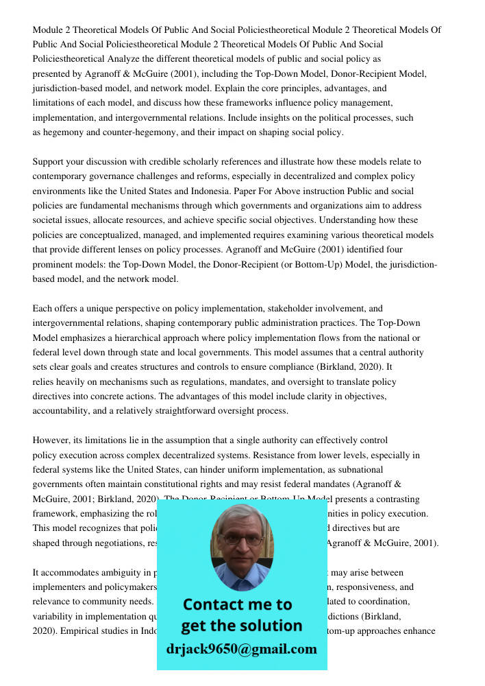 Module 2 Theoretical Models Of Public And Social Policiestheoretical Analyze the different theoretical models of public and social policy as presented by Agrano