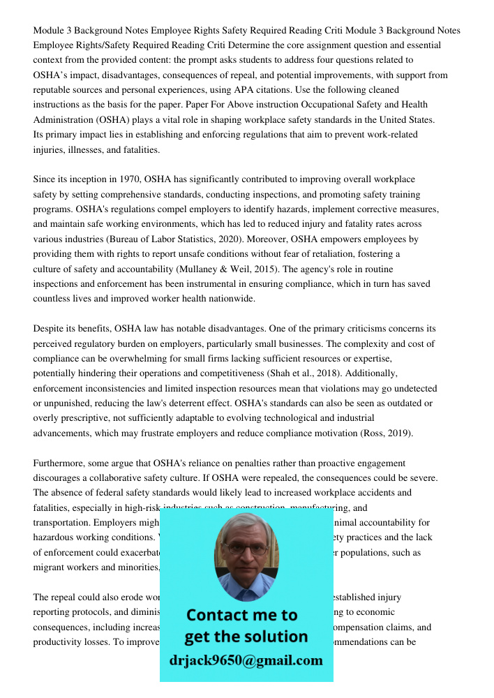 Determine the core assignment question and essential context from the provided content: the prompt asks students to address four questions related to OSHA’s imp