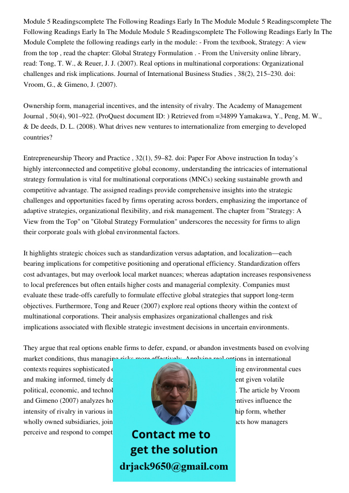 Module 5 Readingscomplete The Following Readings Early In The Module Complete the following readings early in the module: - From the textbook, Strategy: A view 