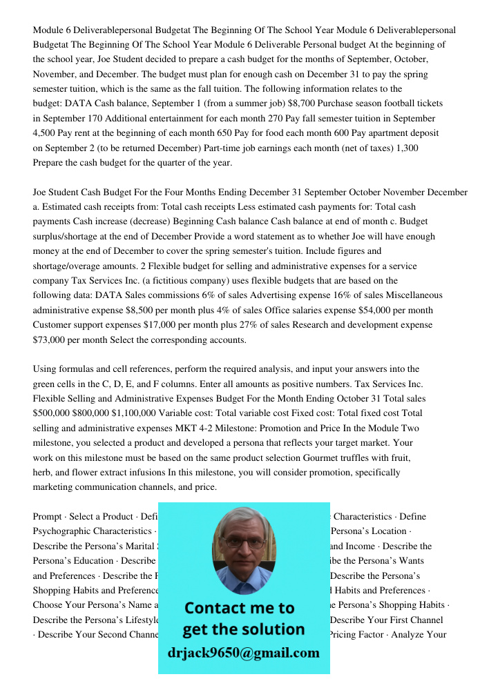 Module 6 Deliverable Personal budget At the beginning of the school year, Joe Student decided to prepare a cash budget for the months of September, October, Nov