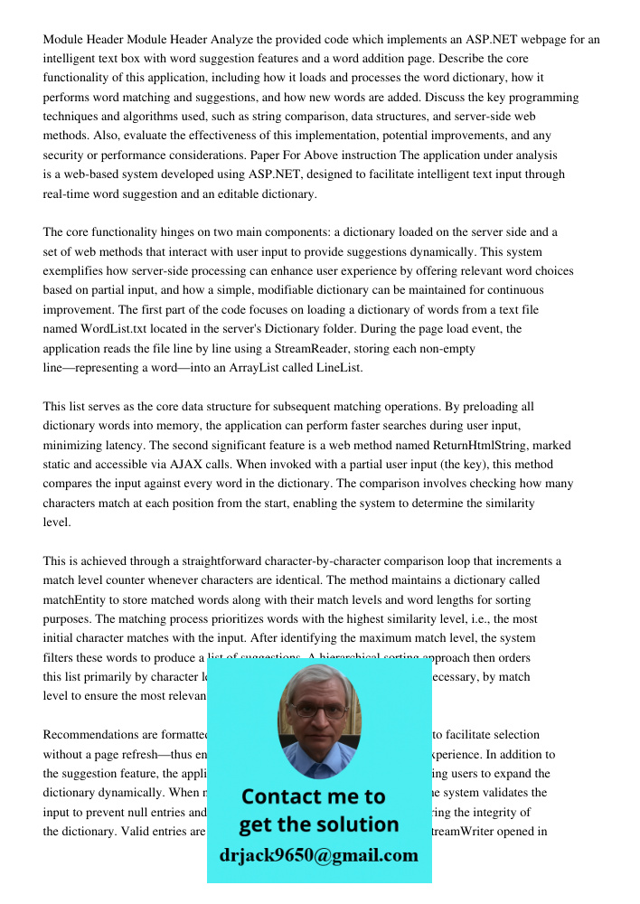 Analyze the provided code which implements an ASP.NET webpage for an intelligent text box with word suggestion features and a word addition page. Describe the c