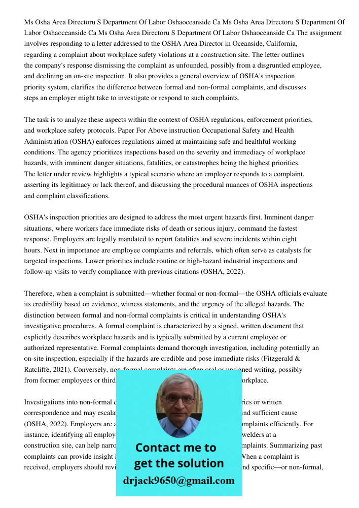 Ms Osha Area Directoru S Department Of Labor Oshaoceanside Ca The assignment involves responding to a letter addressed to the OSHA Area Director in Oceanside, C