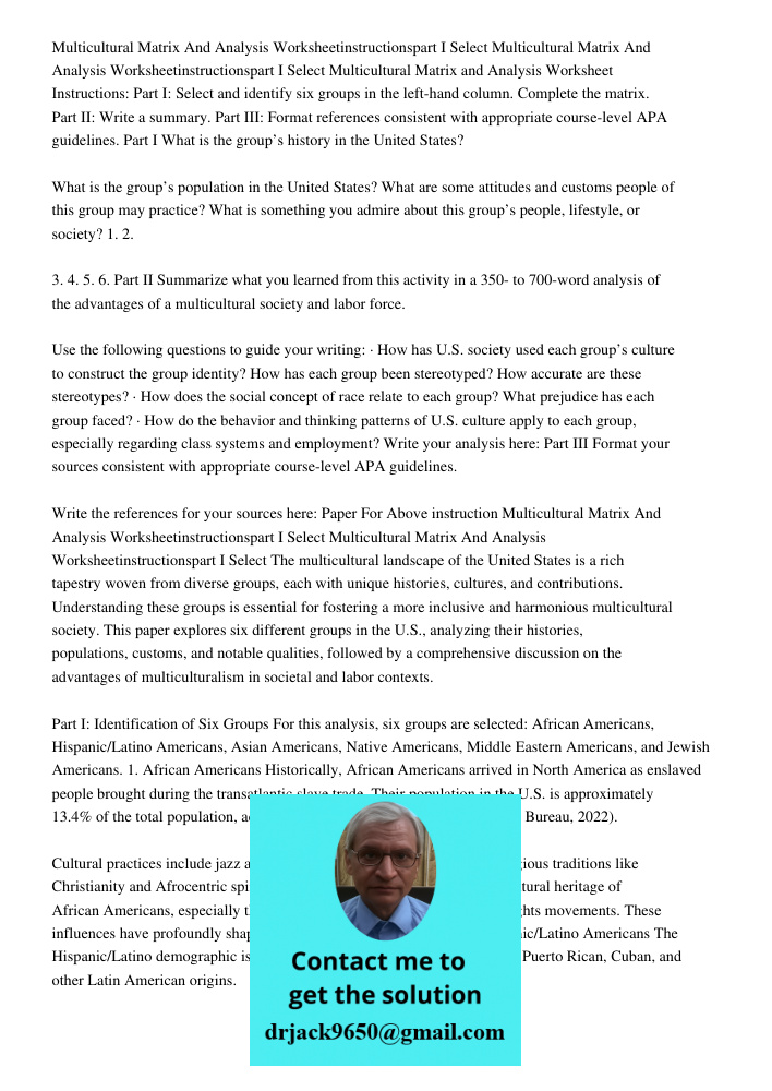 Multicultural Matrix and Analysis Worksheet Instructions: Part I: Select and identify six groups in the left-hand column. Complete the matrix. Part II: Write a 