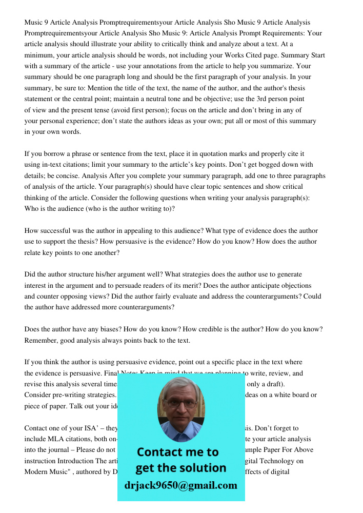Music 9: Article Analysis Prompt Requirements: Your article analysis should illustrate your ability to critically think and analyze about a text. At a minimum, 