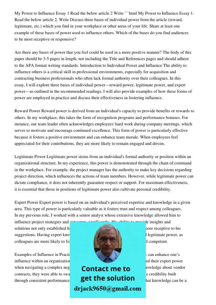 My Power To Influence Essay: Read The Below Article And Writ