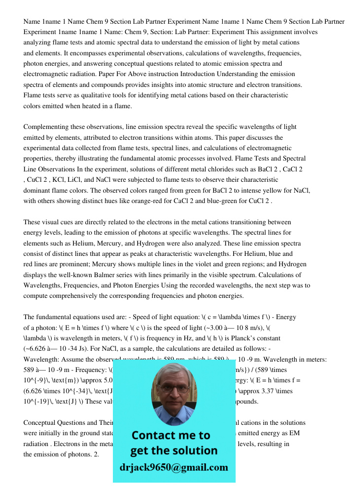 Name 1name 1 Name Chem 9 Section Lab Partner Experiment This assignment involves analyzing flame tests and atomic spectral data to understand the emission of li