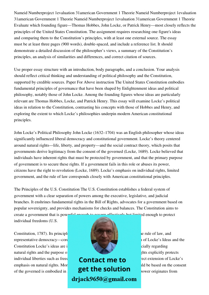 Nameid Numberproject 1evaluation 31american Government 1 Theorie Evaluate which founding figure—Thomas Hobbes, John Locke, or Patrick Henry—most closely reflect