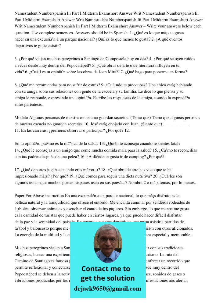 Namestudent Numberspanish Iii Part I Midterm Examshort Answer Writ Namestudent Numberspanish Iii Part I Midterm Exam short Answer – Write your answers below eac