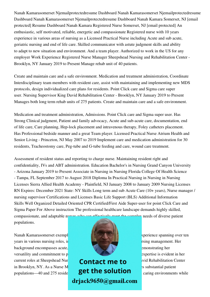 Nanah Kamarasomerset Njemailprotected732 266 2026resume Dashboard Nanah Kamara Somerset, NJ [email protected] Resume Dashboard Nanah Kamara Registered Nurse Som