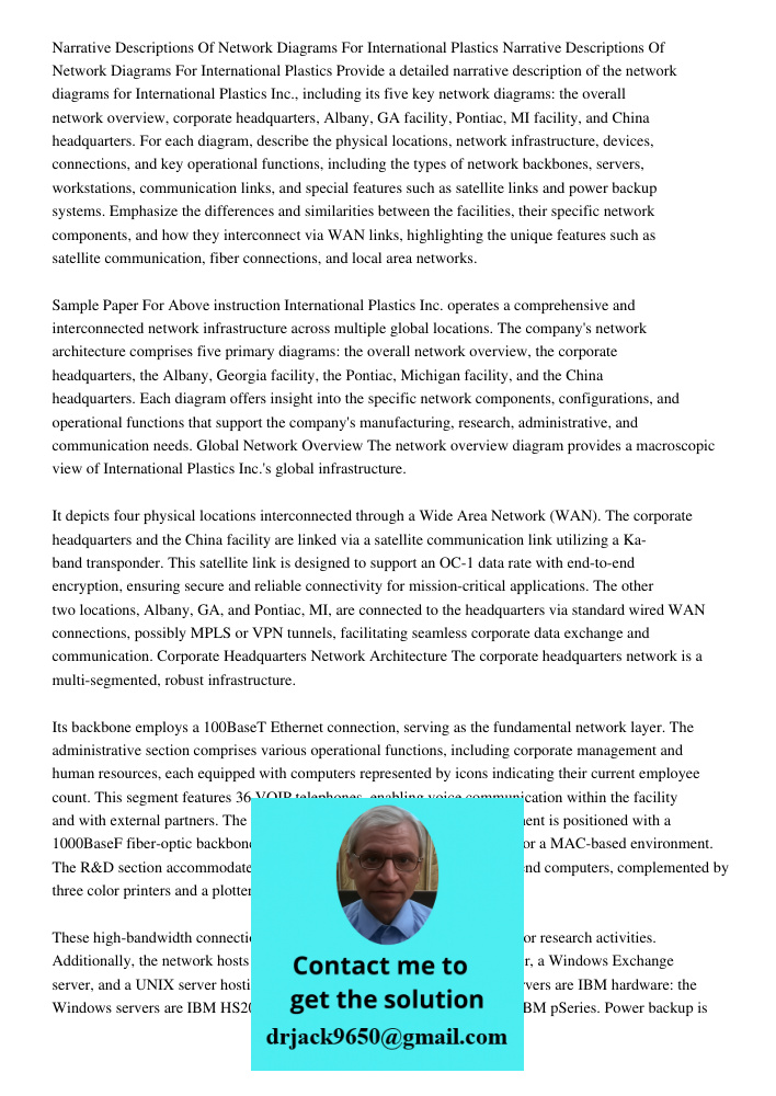Provide a detailed narrative description of the network diagrams for International Plastics Inc., including its five key network diagrams: the overall network o