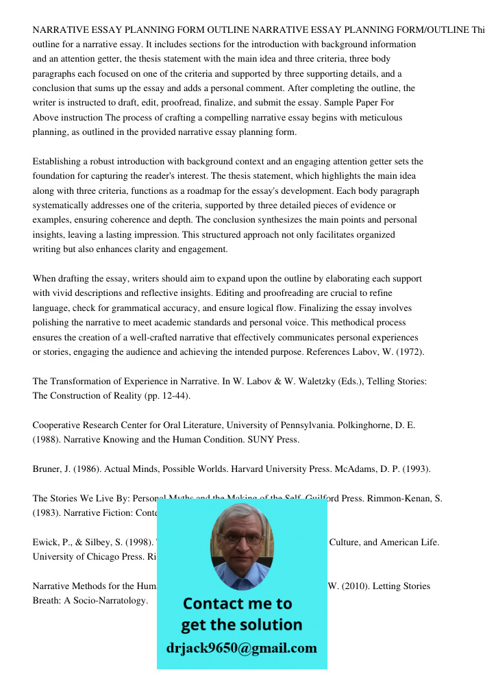 This is a planning outline for a narrative essay. It includes sections for the introduction with background information and an attention getter, the thesis stat