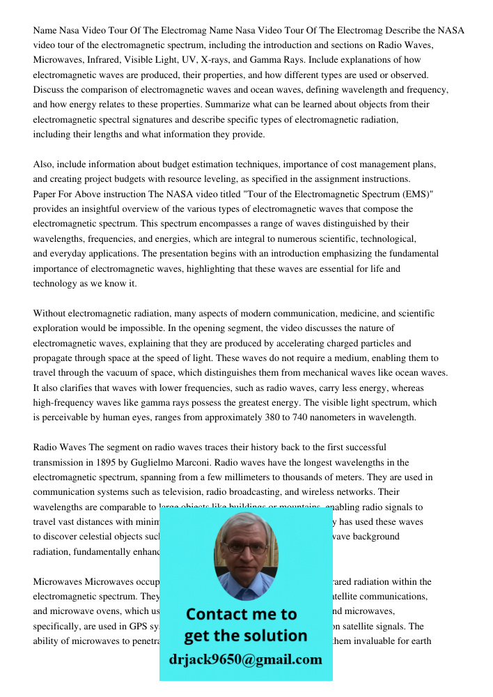 Describe the NASA video tour of the electromagnetic spectrum, including the introduction and sections on Radio Waves, Microwaves, Infrared, Visible Light, UV, X