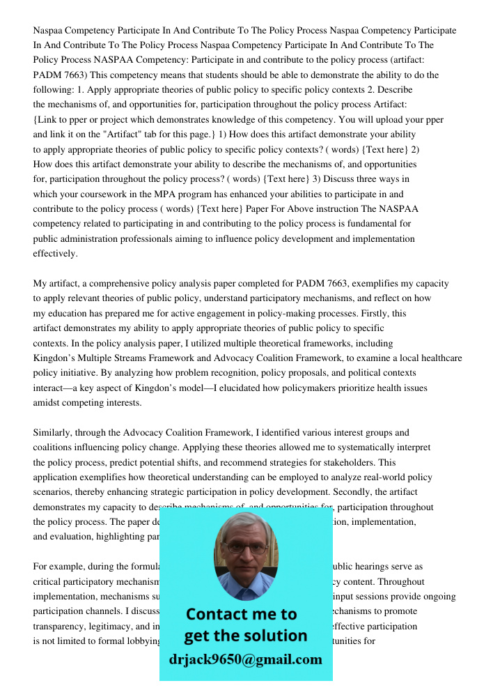 Naspaa Competency Participate In And Contribute To The Policy Process NASPAA Competency: Participate in and contribute to the policy process (artifact: PADM 766