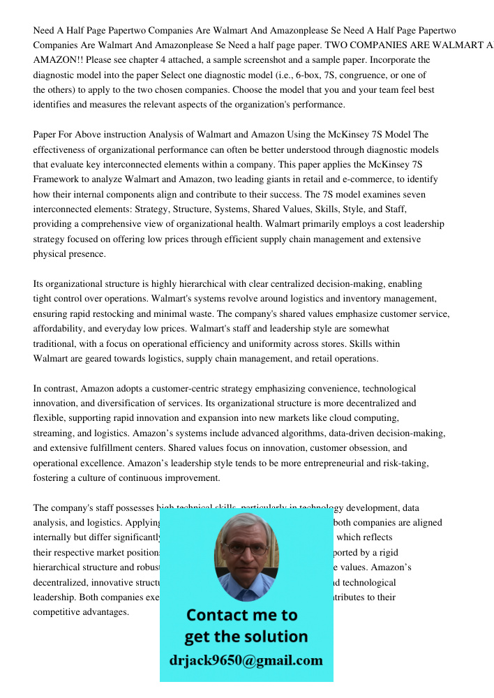 Need a half page paper. TWO COMPANIES ARE WALMART AND AMAZON!! Please see chapter 4 attached, a sample screenshot and a sample paper. Incorporate the diagnostic