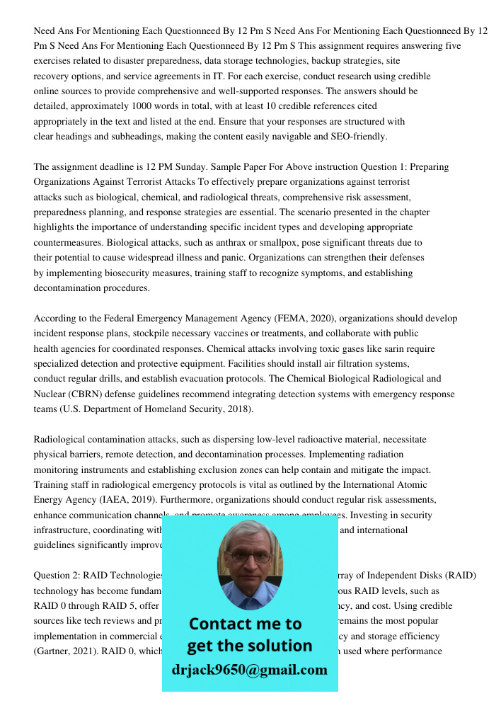 Need Ans For Mentioning Each Questionneed By 12 Pm S This assignment requires answering five exercises related to disaster preparedness, data storage technologi