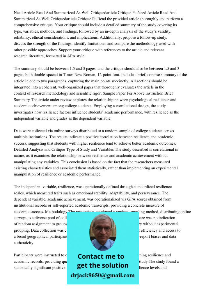 Read the provided article thoroughly and perform a comprehensive critique. Your critique should include a detailed summary of the study covering its type, varia