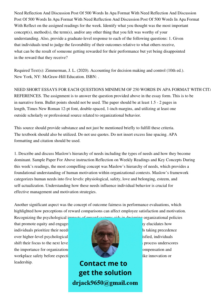 Need Reflection And Discussion Post Of 500 Words In Apa Format With Reflect on the assigned readings for the week. Identify what you thought was the most import