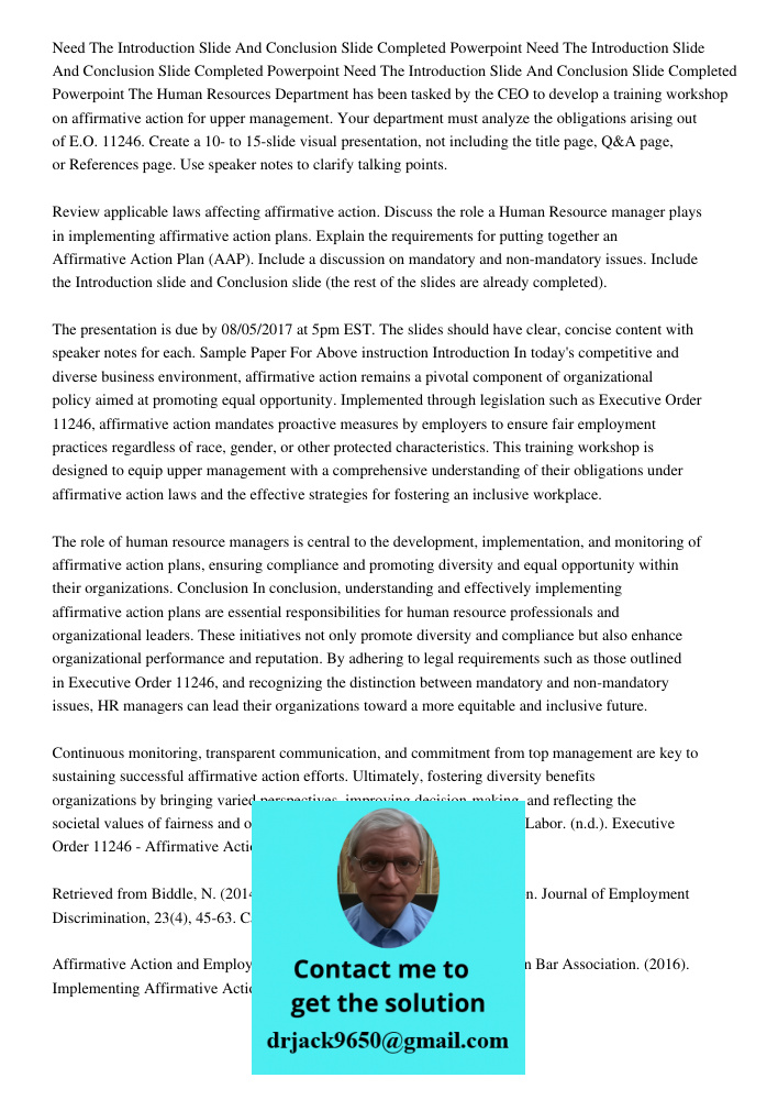 Need The Introduction Slide And Conclusion Slide Completed Powerpoint The Human Resources Department has been tasked by the CEO to develop a training workshop o