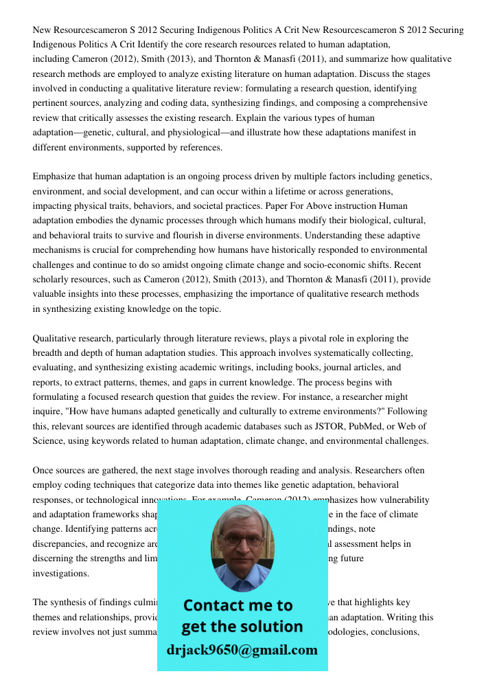 Identify the core research resources related to human adaptation, including Cameron (2012), Smith (2013), and Thornton & Manasfi (2011), and summarize how quali