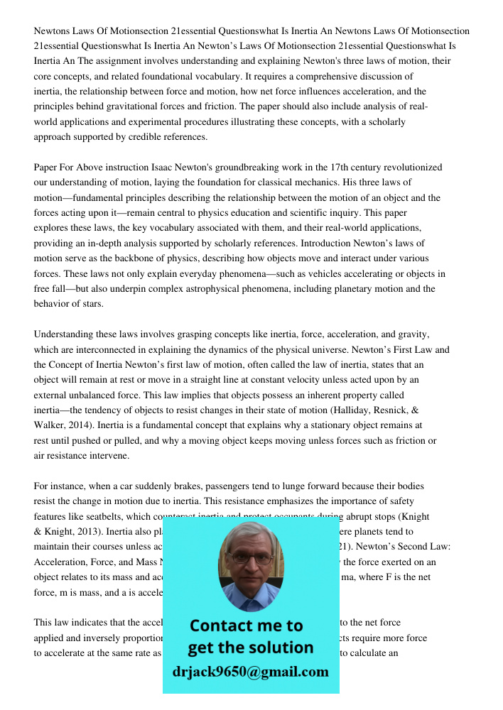 Newtons Laws Of Motionsection 21essential Questionswhat Is Inertia An The assignment involves understanding and explaining Newton's three laws of motion, their 