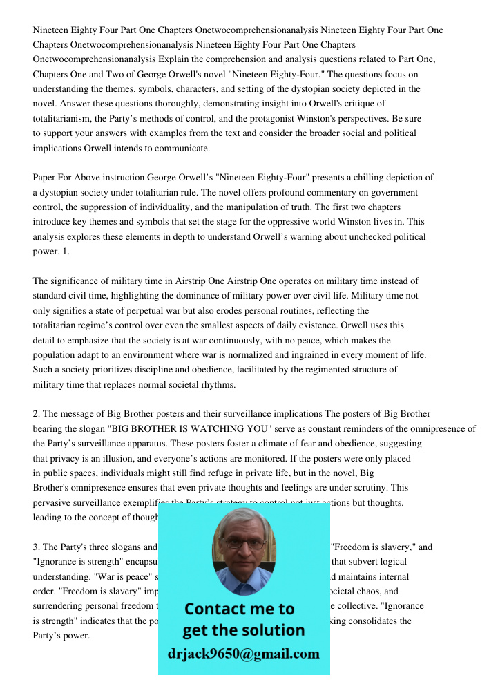 Nineteen Eighty Four Part One Chapters Onetwocomprehensionanalysis Explain the comprehension and analysis questions related to Part One, Chapters One and Two of