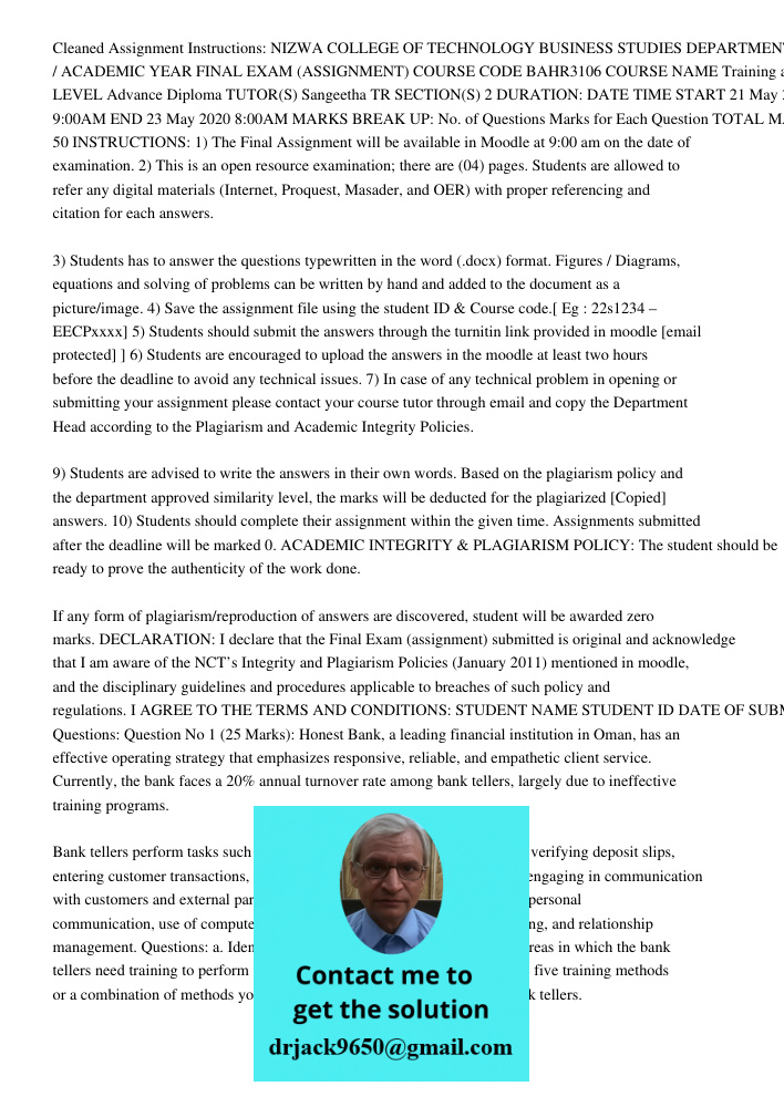 Cleaned Assignment Instructions: NIZWA COLLEGE OF TECHNOLOGY BUSINESS STUDIES DEPARTMENT SEMESTER -2 / ACADEMIC YEAR FINAL EXAM (ASSIGNMENT) COURSE CODE BAHR310