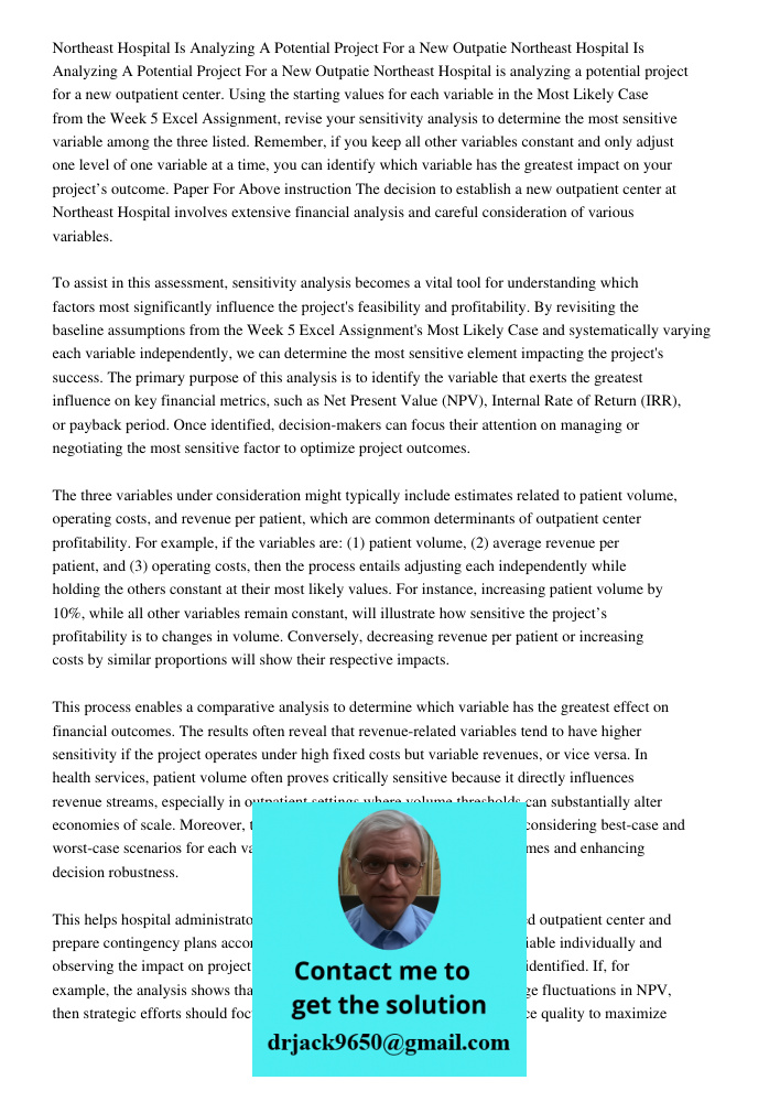 Northeast Hospital is analyzing a potential project for a new outpatient center. Using the starting values for each variable in the Most Likely Case from the We