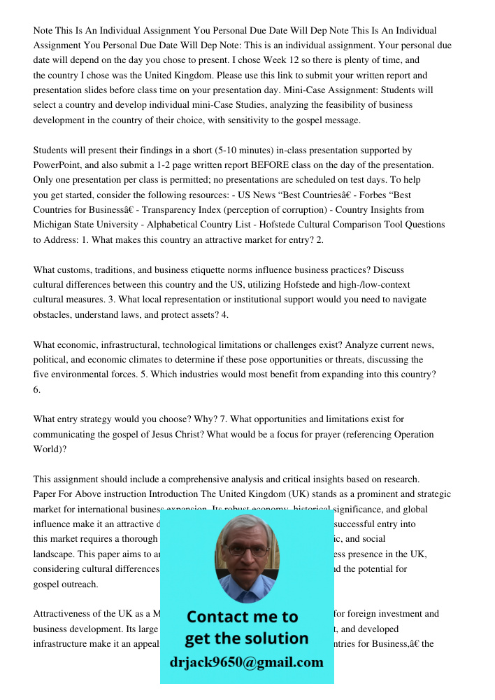 Note: This is an individual assignment. Your personal due date will depend on the day you chose to present. I chose Week 12 so there is plenty of time, and the 