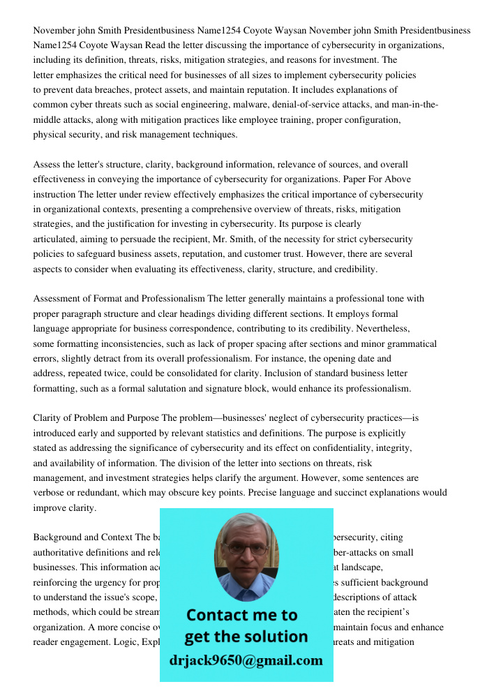 Read the letter discussing the importance of cybersecurity in organizations, including its definition, threats, risks, mitigation strategies, and reasons for in