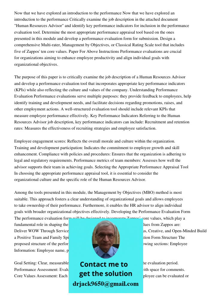 Critically examine the job description in the attached document "Human Resources Advisor" and identify key performance indicators for inclusion in the performan
