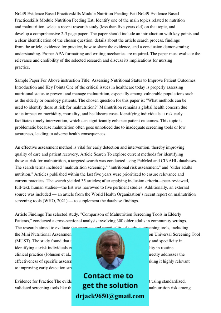 Identify one of the main topics related to nutrition and malnutrition, select a recent research study (less than five years old) on that topic, and develop a co