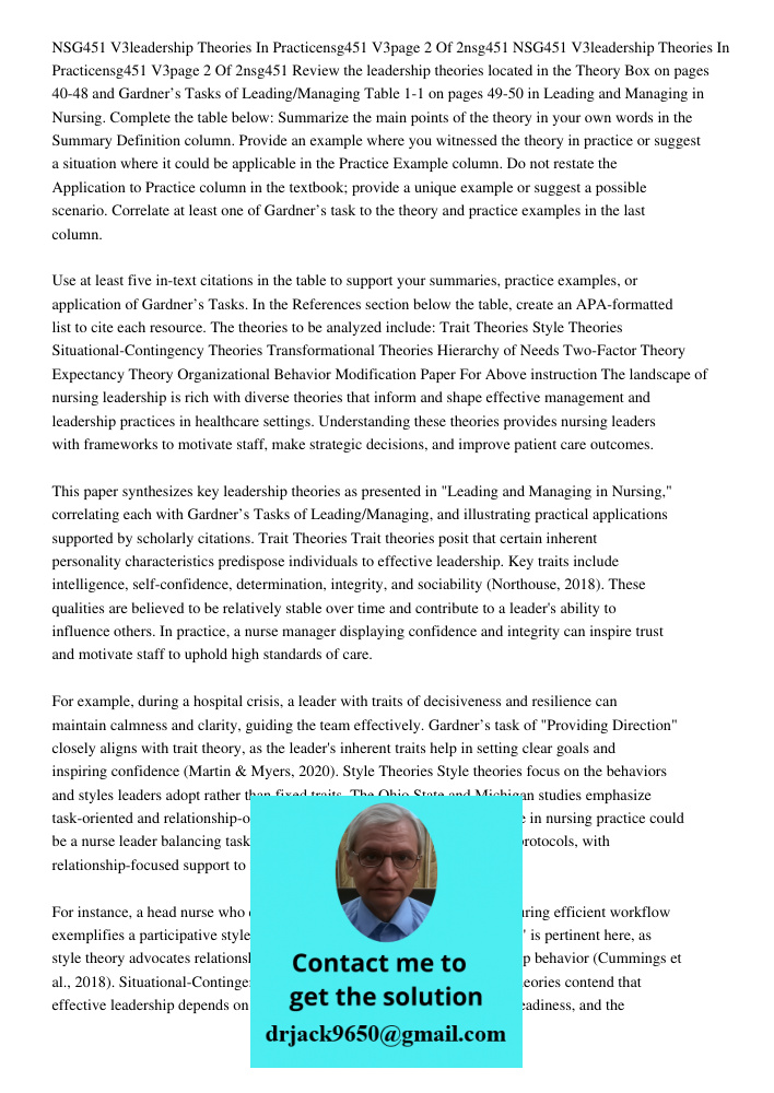 Review the leadership theories located in the Theory Box on pages 40-48 and Gardner’s Tasks of Leading/Managing Table 1-1 on pages 49-50 in Leading and Managing