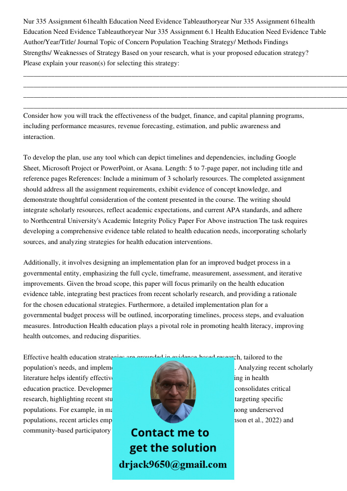 Nur 335 Assignment 6.1 Health Education Need Evidence Table Author/Year/Title/ Journal Topic of Concern Population Teaching Strategy/ Methods Findings Strengths