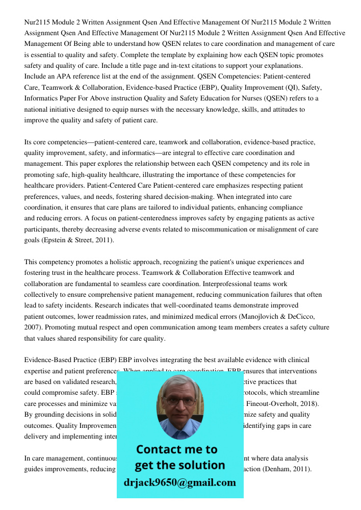 Nur2115 Module 2 Written Assignment Qsen And Effective Management Of Being able to understand how QSEN relates to care coordination and management of care is es