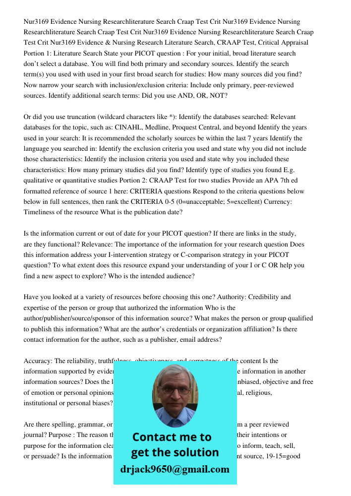 Nur3169 Evidence Nursing Researchliterature Search Craap Test Crit Nur3169 Evidence & Nursing Research Literature Search, CRAAP Test, Critical Appraisal Portion