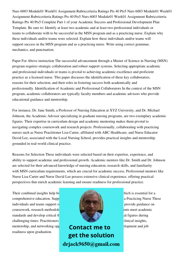 Nurs 6003 Module01 Week01 Assignment Rubriccriteria Ratings Pts 40 Pts5 Complete Part 1 of your Academic Success and Professional Development Plan Template. Be 