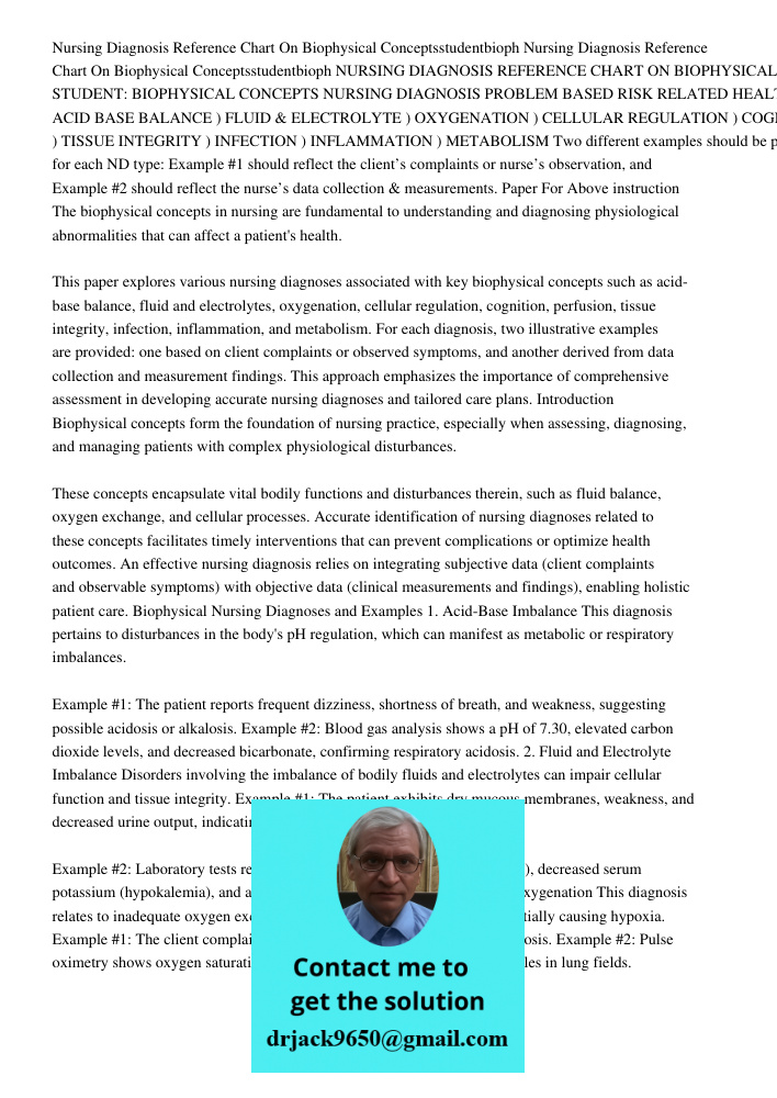 NURSING DIAGNOSIS REFERENCE CHART ON BIOPHYSICAL CONCEPTS STUDENT: BIOPHYSICAL CONCEPTS NURSING DIAGNOSIS PROBLEM BASED RISK RELATED HEALTH PROMOTION SYNDROME A